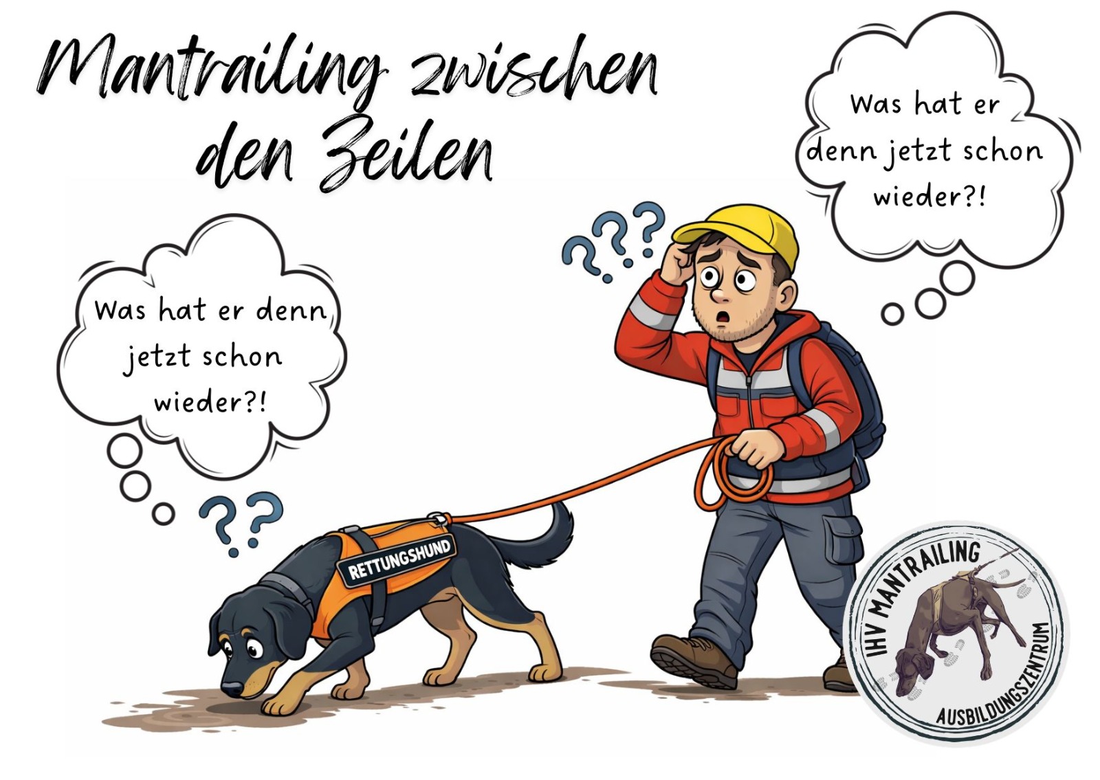 Hund schnuppert und fragt - Herrchen geht hinterher und fragt genauso